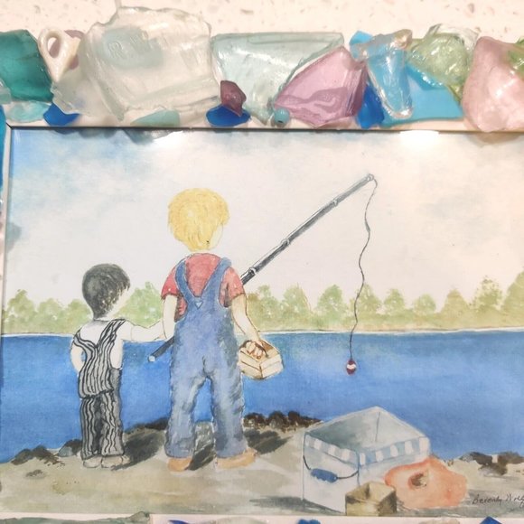 Handmade Shells & Sea Glass Framed Art Decor & Drawing Fishing Trip Theme Signed - Picture 3 of 16